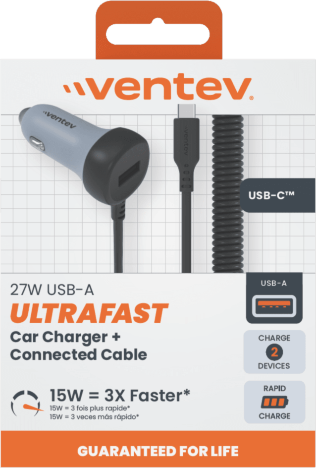 Ventev - Chargeur de voiture USB-A 12 W avec câble USB-C 15 W intégré - Gris foncé