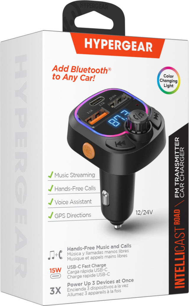 <p>The HyperGear Intellicast Road FM Bluetooth Transmitter with 15W CLA Car Charger adds Bluetooth to any car and can charge up to three devices at once.</p>