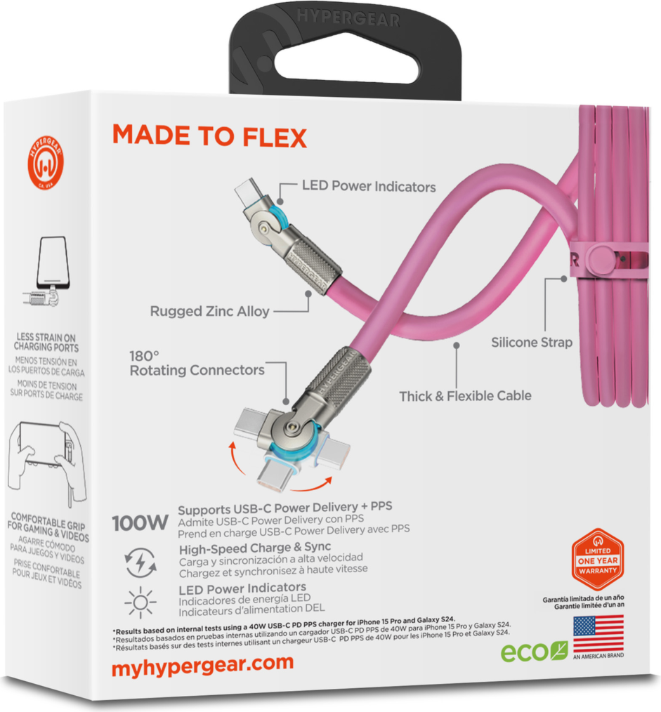 The HyperGear Chunky180° 12ft USB-C to USB-C cable is 20X stronger than standard cables, provides fast charging performance and features dual 180° rotating tips which reduce strain on ports.