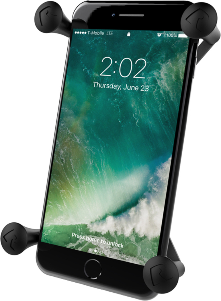 Secure any large phone confidently using the RAM X-Grip Universal Phone Holder for B size 1” ball RAM Mounts. The Spring Loaded ‘X’ design with rubber caps sports great holder power without hiding the phone.