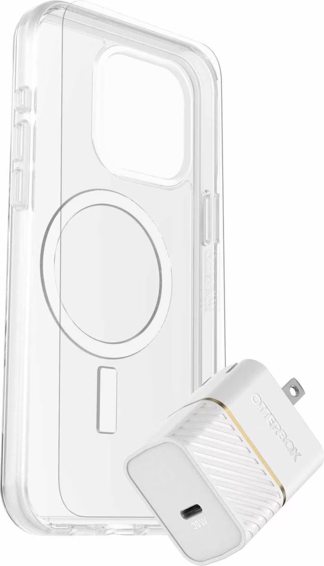 OtterBox’s Protection + Power Kit offers 360° protection and power in one bundle. It includes a Symmetry Series Clear case with MagSafe, a Glass Screen Protector, and a high-performance 30W Wall Charger.