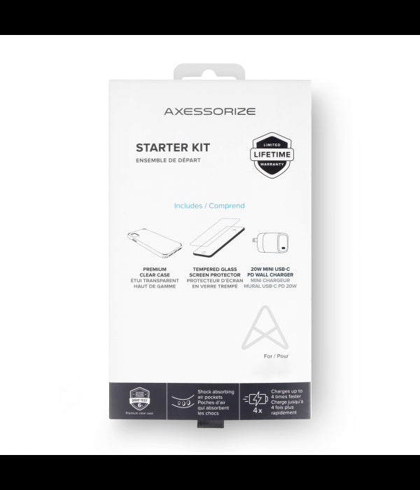 Save when you buy our Starter Kit bundle which includes an incredibly thin and lightweight, Ultra Clear case, a wall charger and a screen protector! Offering a superior protection, our crystal clear anti-yellowing case has an anti-UV feature that perfectly shows off your phone underneath it. Ensuring maximum coverage, our ARMORGlass screen protector guarantees everyday defense against marks and scratches. ""