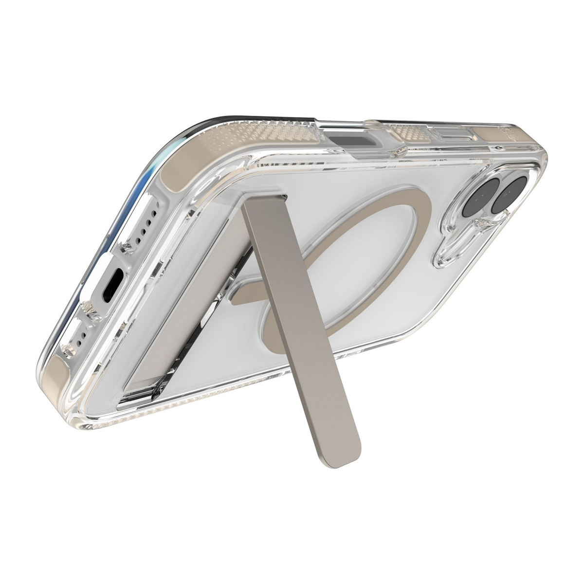 The ZAGG Santa Cruz Snap is a transparent case with pops of color that accent its design. It offers 13-foot drop protection, a sturdy kickstand that folds flush with the case, and is MagSafe compatible.