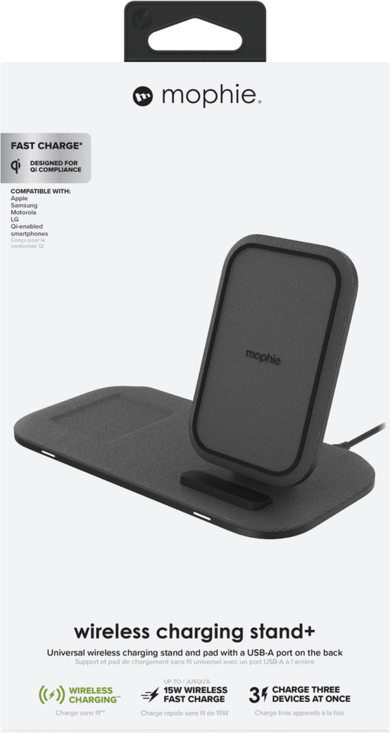 Charge up to three devices at once with mophie's Wireless Charging Pad, featuring a 15W charging cradle and a USB-A port for wired charging.