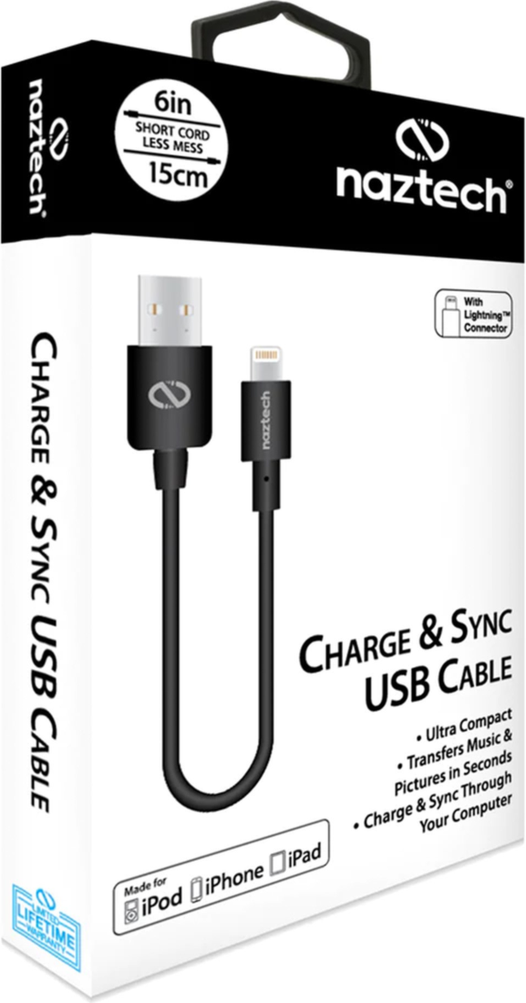 <p>The Naztech 6" USB-A to Lightning Charge and Sync Cable is the perfect size to handle on-the-go charge and sync needs in an ultra-compact cable.</p>