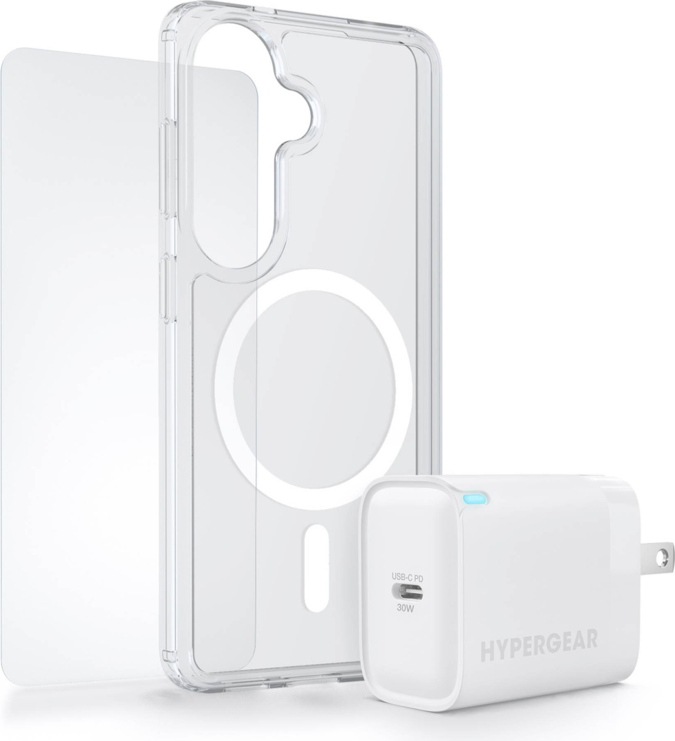 The HyperGear Accessory Bundle provides all the essentials to get started with a new phone: a clear magnetic case, a screen protector, and a fast-charging 30W power adapter.