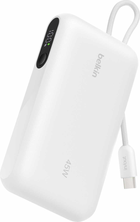 Belkin - Batterie externe Ultracharge 10 000 mAh 45 W avec écran et câble intégré, blanche