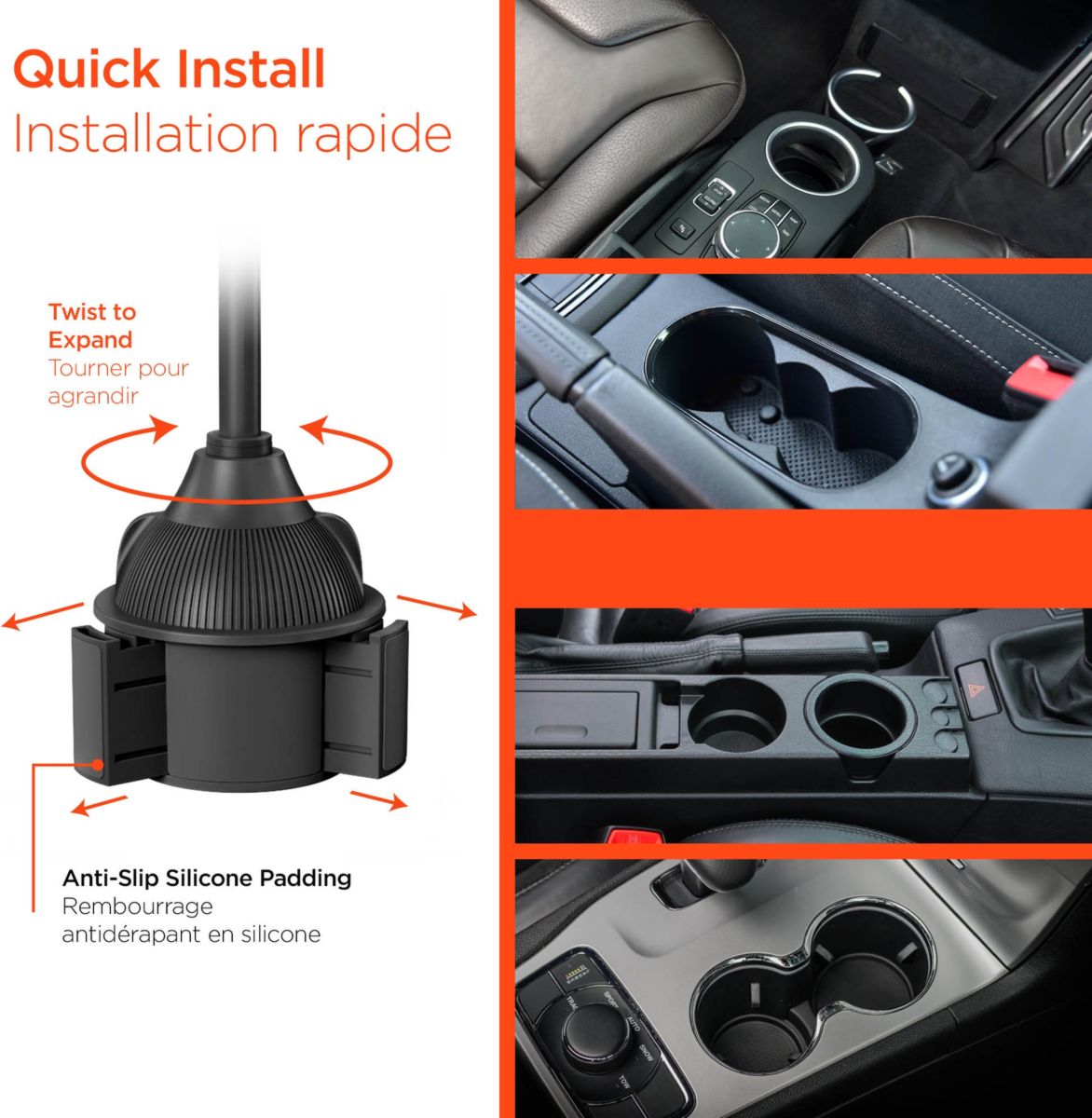 The HyperGear EZ Grip 15W Wireless Fast Charging Cup Holder Phone Mount securely holds and wirelessly fast charges compatible phones with adjustable cup holder mounting.