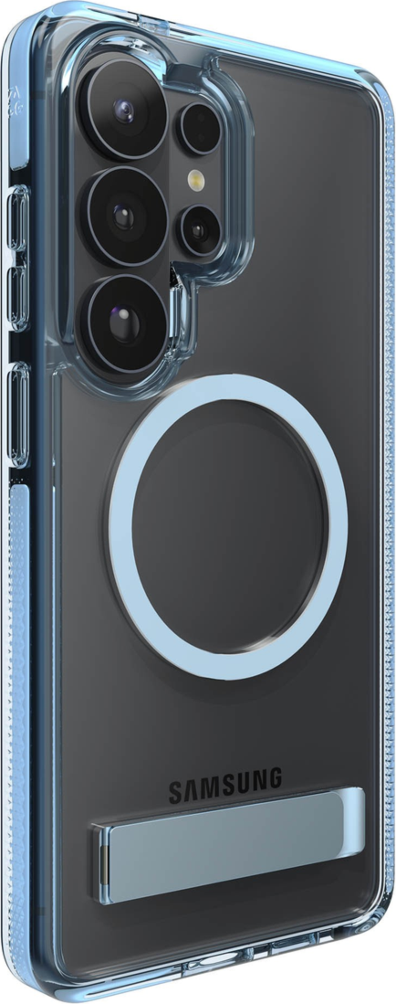 The ZAGG Santa Cruz Snap is a transparent case with pops of color that accent its design. It offers 13-foot drop protection, a sturdy kickstand that folds flush with the case.
