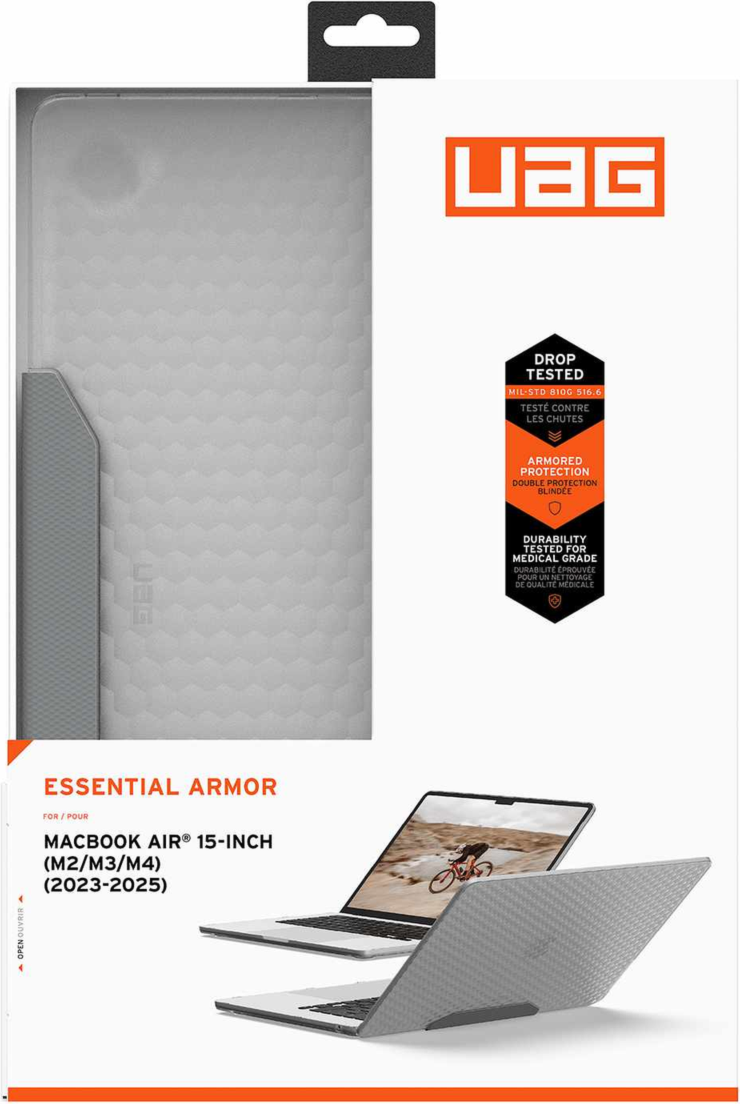 The UAG Essential Armor for Apple MacBooks is a one-piece, featherlight case featuring a translucent design, tactile grip, MIL-STD drop protection, and cooling vents for optimized performance.