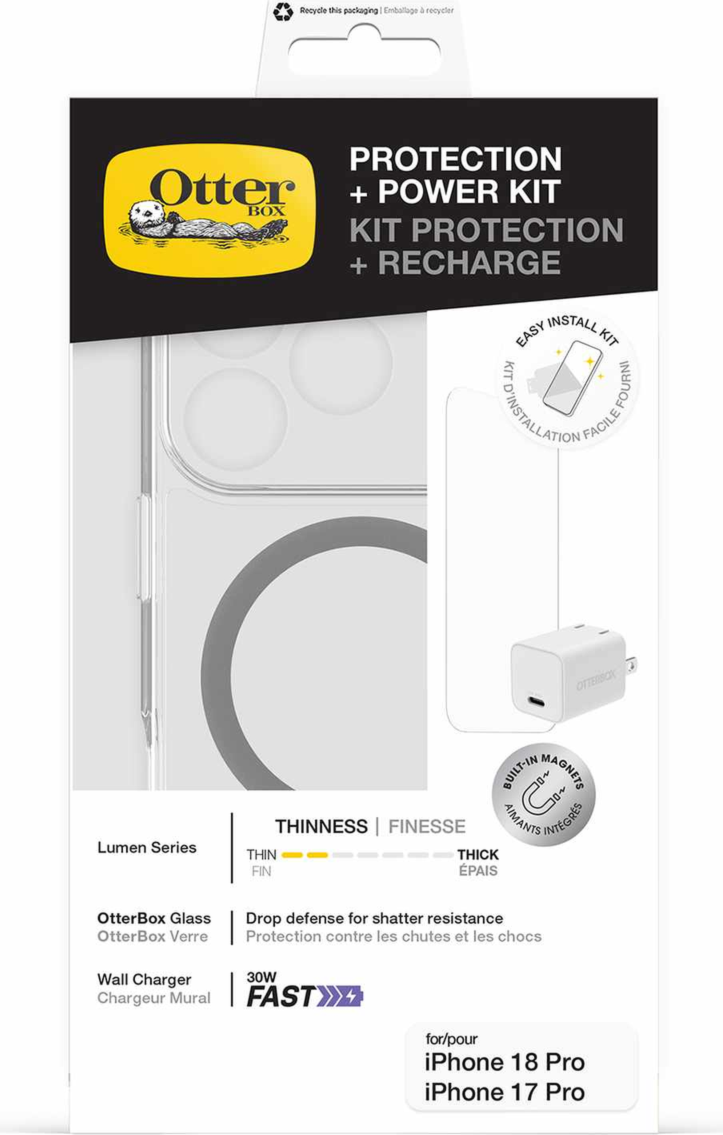 OtterBox - Ensemble Protection+Power (étui clair Lumen avec verre + chargeur mural 30 W) pour iPhone 18 Pro/17 Pro