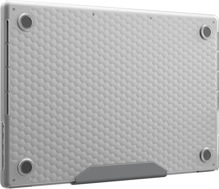 The UAG Essential Armor for Apple MacBooks is a one-piece, featherlight case featuring a translucent design, tactile grip, MIL-STD drop protection, and cooling vents for optimized performance.