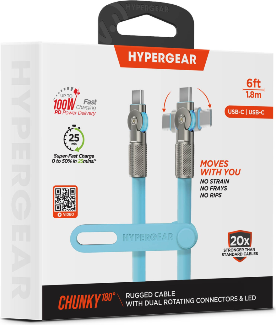 The HyperGear Chunky180° 6ft USB-C to USB-C cable is 20X stronger than standard cables, provides fast charging performance and features dual 180° rotating tips which reduce strain on ports.