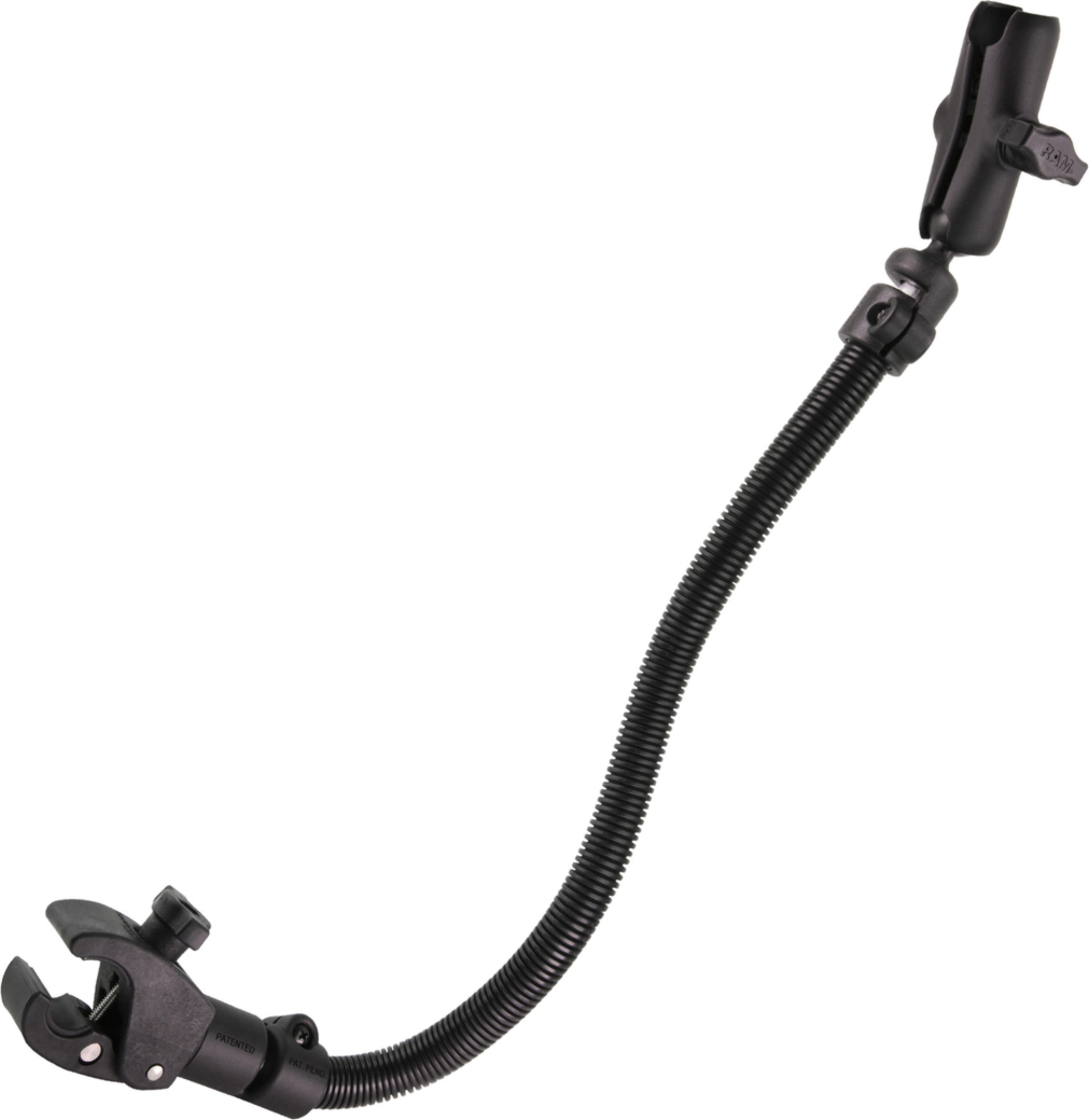 The clamp range of 0.625"-1.5" diameter on round surfaces and 0"-1.14" on flat surfaces allows users to find the ideal mounting position for the RAM® Tough-Claw® with RAM® Flex-Rod™ 26" Extension Arm.