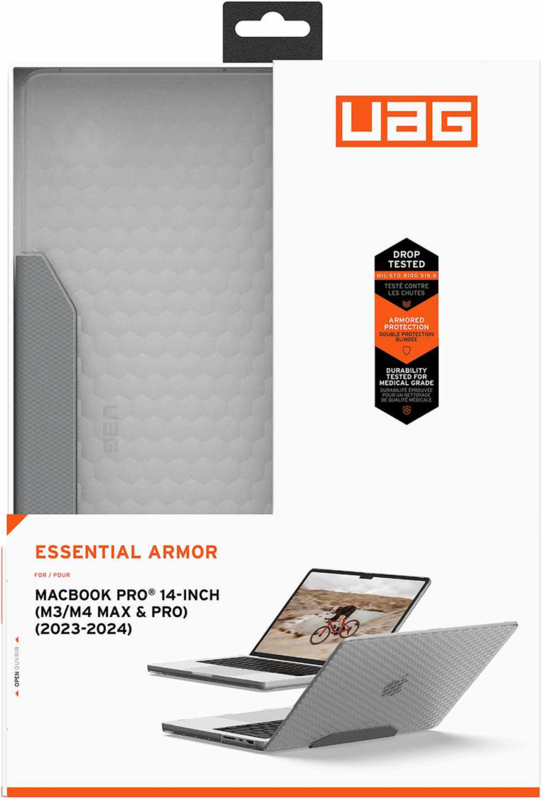 The UAG Essential Armor for Apple MacBooks is a one-piece, featherlight case featuring a translucent design, tactile grip, MIL-STD drop protection, and cooling vents for optimized performance.