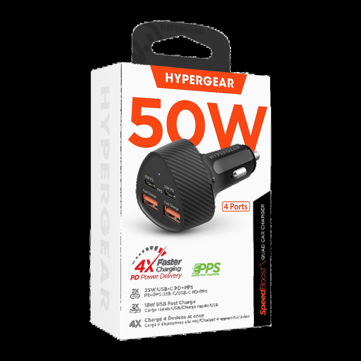 <p>A valuable addition to any road trip, the HyperGear SpeedBoost 50W Dual USB-C & Dual USB-A CLA Fast Charge Car Charger can charge up to four devices at the same time.</p>