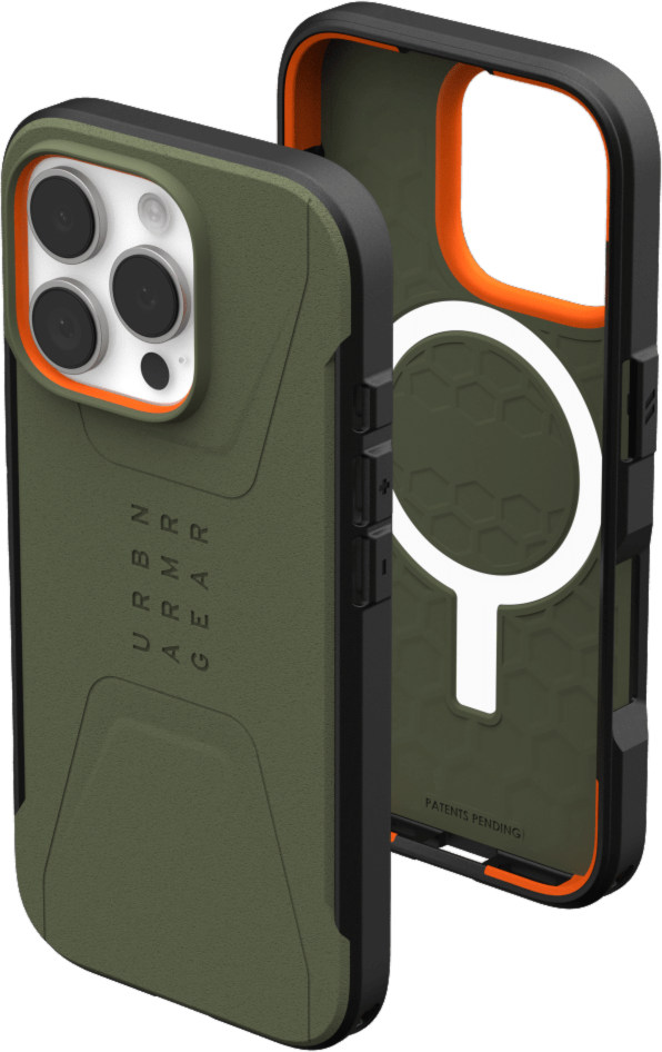 The modern yet rugged UAG Civilian case features shock absorbing construction in a lightweight design that is compatible with MagSafe charging.