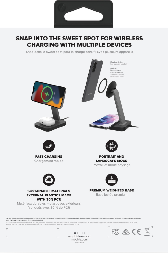 Charge up to three devices at once with mophie's Wireless Charging Pad, featuring a 15W charging cradle and a USB-A port for wired charging.