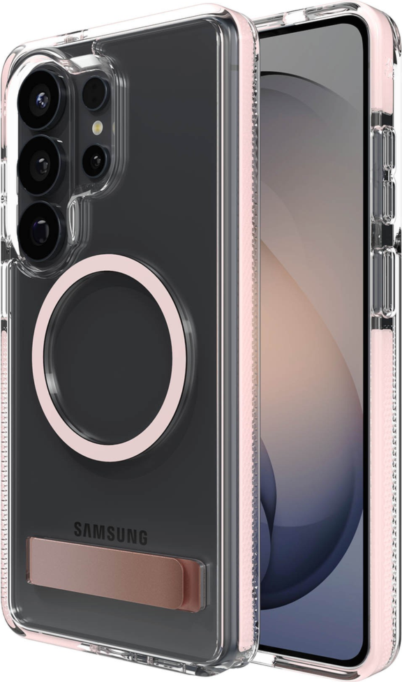 The ZAGG Santa Cruz Snap is a transparent case with pops of color that accent its design. It offers 13-foot drop protection, a sturdy kickstand that folds flush with the case.