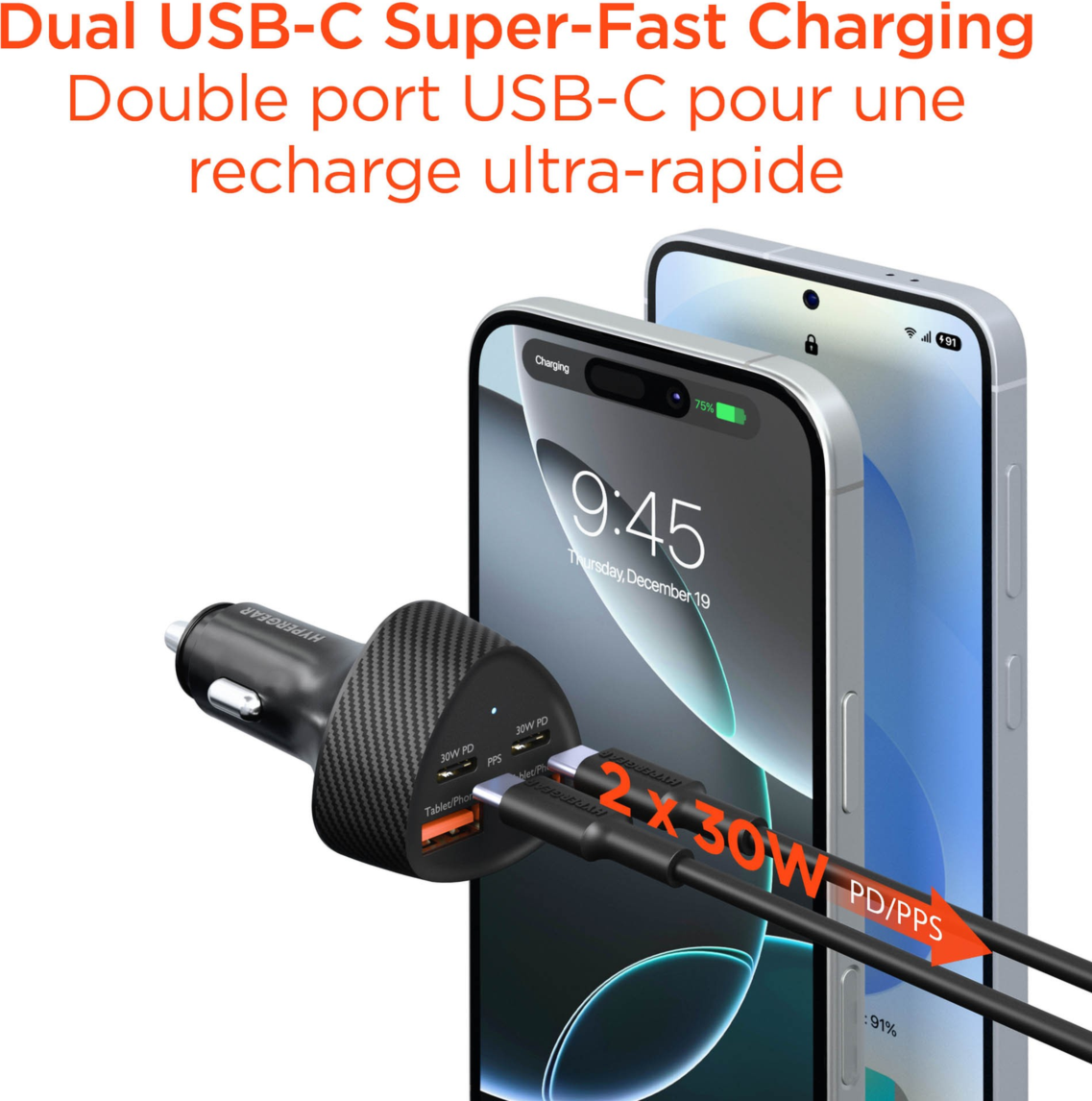 HyperGear SpeedBoost 77W Dual USB-C + Dual USB-A CLA Fast Charge Car Charger powers up to four devices simultaneously with 77W high-speed charging performance.