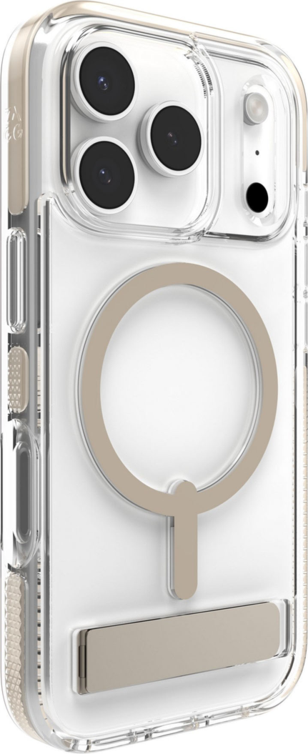 The ZAGG Santa Cruz Snap is a transparent case with pops of color that accent its design. It offers 13-foot drop protection, a sturdy kickstand that folds flush with the case, and is MagSafe compatible.
