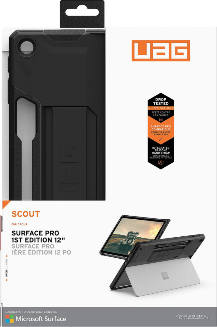 The UAG Scout Series provides rugged protection with an armor shell and integrated hand strap, while maintaining kickstand and keyboard compatibility.