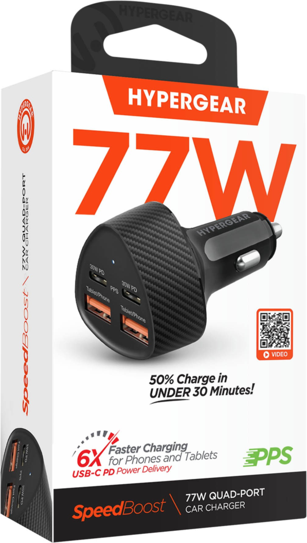 HyperGear SpeedBoost 77W Dual USB-C + Dual USB-A CLA Fast Charge Car Charger powers up to four devices simultaneously with 77W high-speed charging performance.