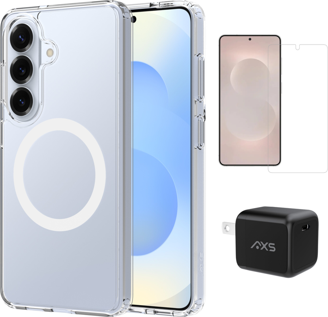 Kit de démarrage AXS | Coque MagSafe ultra-transparente, film de protection d'écran et chargeur 30 W pour Samsung Galaxy S26