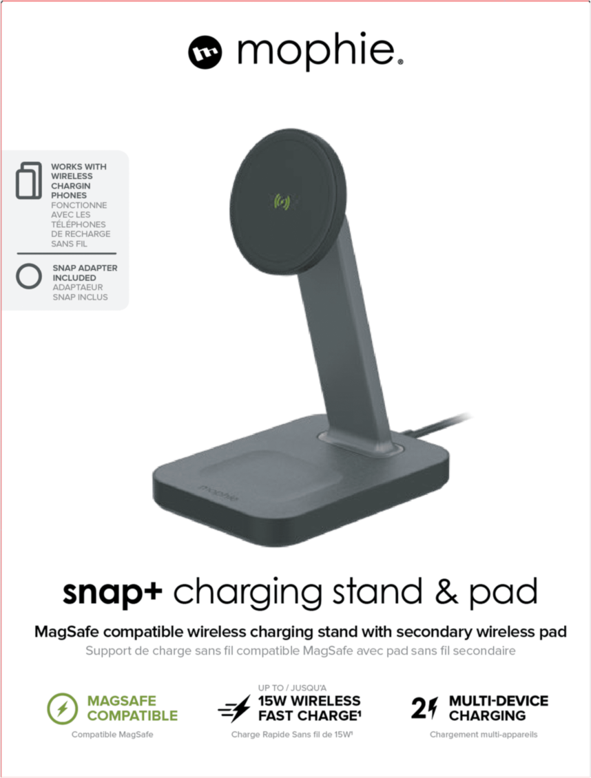 Mophie's snap+ charging stand & pad is MagSafe compatible and magnetically holds any Qi-enabled phone upright while delivering up to 7.5W-15W of wireless power.