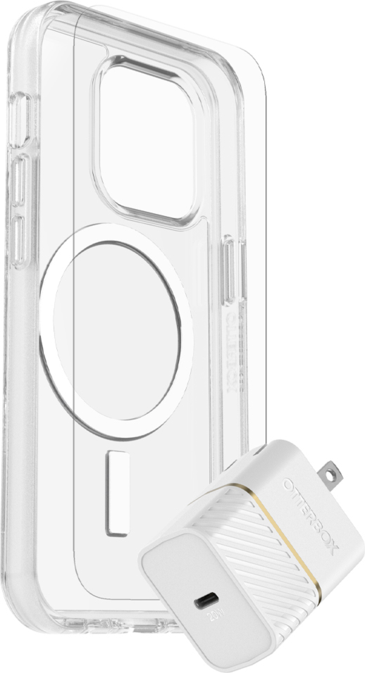 Get 360° protection and power all in one bundle with the OtterBox Protection + Power Kit which includes a Symmetry+ Clear Series MagSafe case, a Trusted Glass Screen Protector and a 20W Wall Charger.