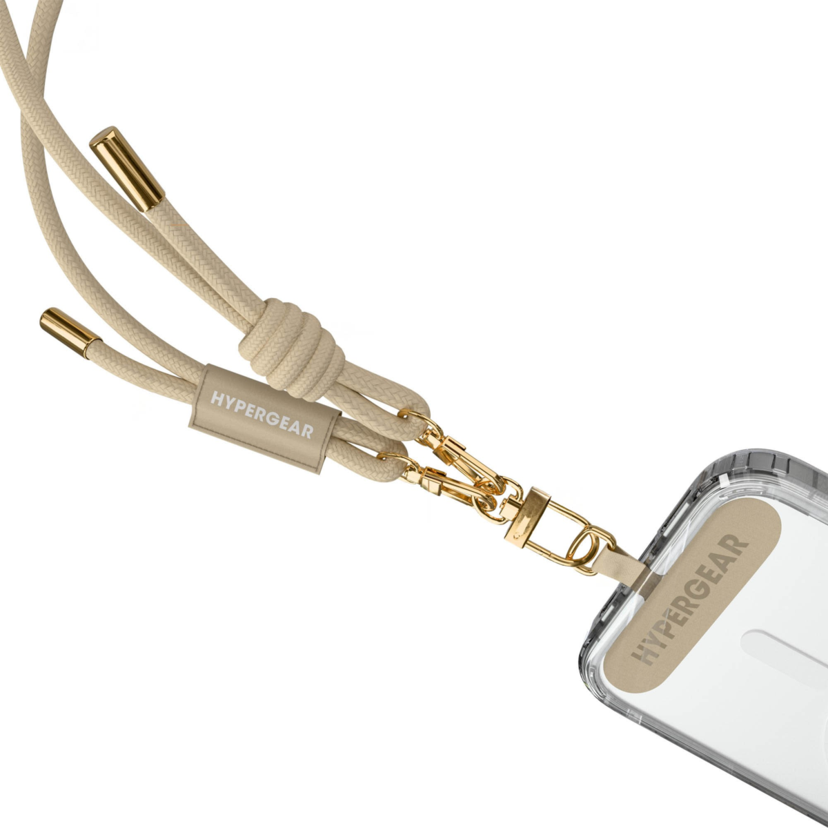 This HyperGear Universal Crossbody Phone Strap blends soft braided rope with polished gold metal accents for a chic, hands-free carry. It offers a secure, undroppable, and adjustable fit for any phone.