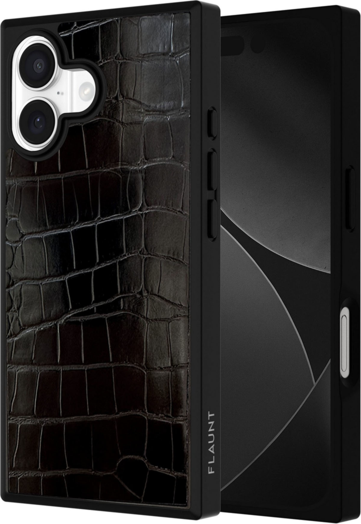 The FLAUNT SQUARE® Faux Leather case offers sleek, chic protection with a patent-pending square design and cushioned corners for enhanced shock absorption, featuring 12ft drop test protection.