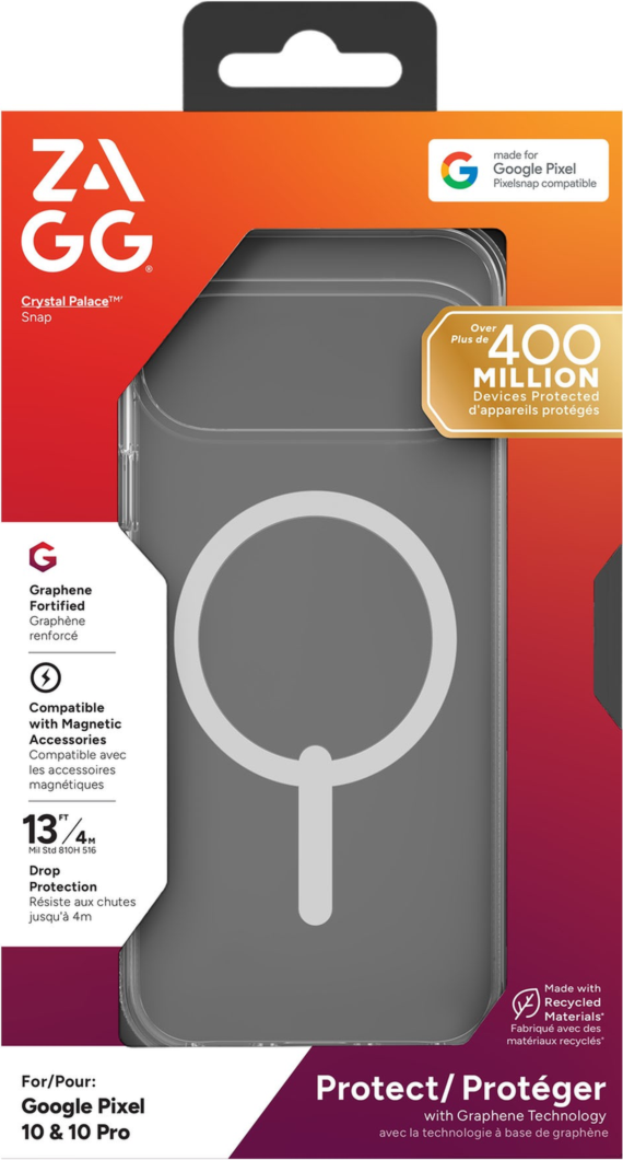 Strengthened with Graphene, ZAGG's Crystal Palace Snap series case combines a slim, crystal-clear profile with up to 13 ft drop protection and strong built-in magnets for magnetic accessories.