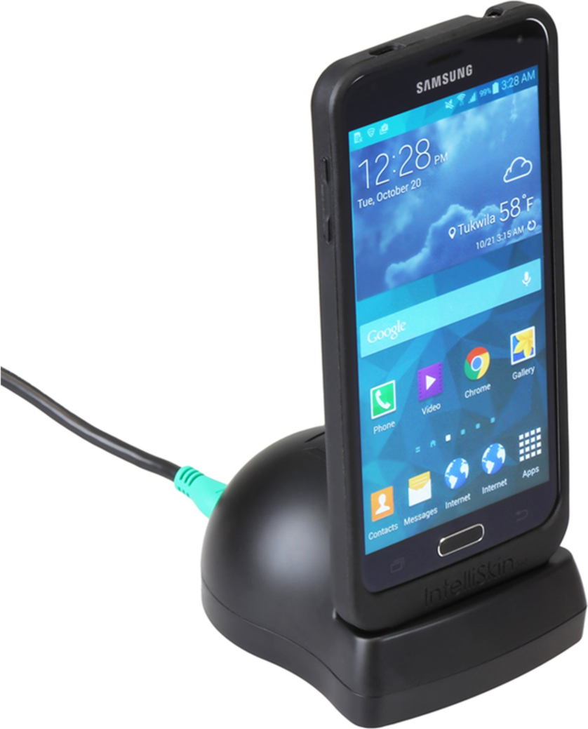 The single Desktop Dock is a low-profile docking station for phones and small tablets equipped with an IntelliSkin® protective case.